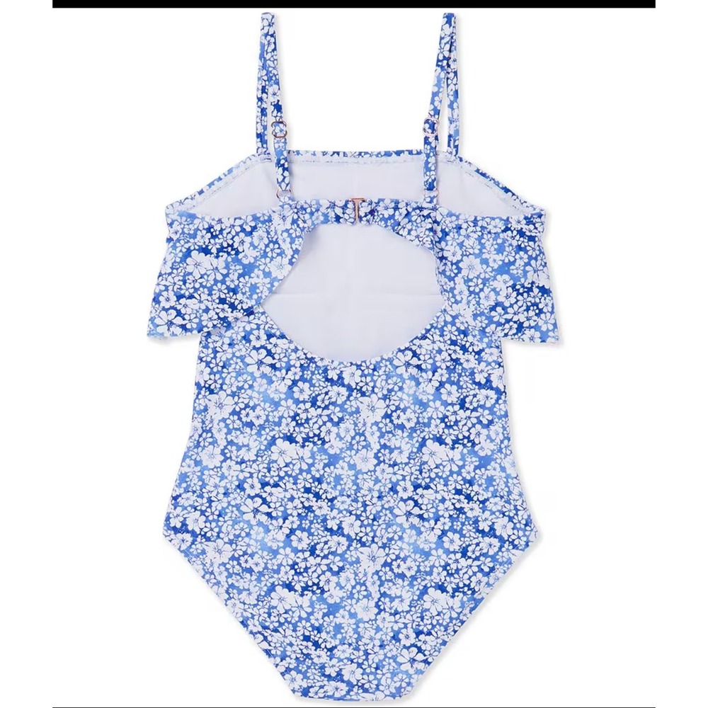 Raisins Girls Blue Floral Ruffle One Piece Swimsuit Back Cutout Size 10 - Picture 2 of 11